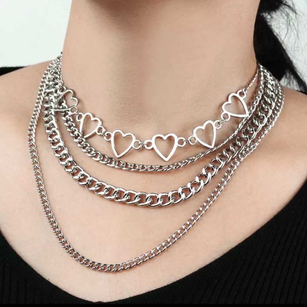 Silver Heart Layered Chain Necklace